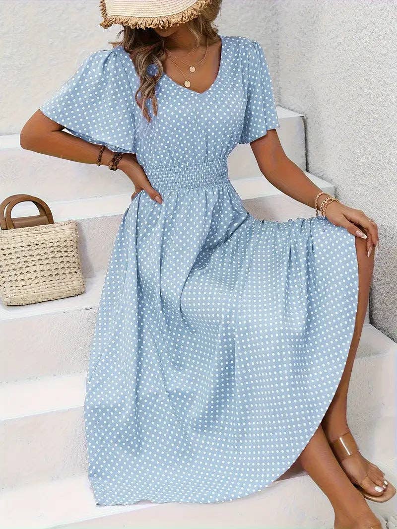 Women's Summer Casual V-Neck Polka Dot Print Waist Dress: Pink / S
