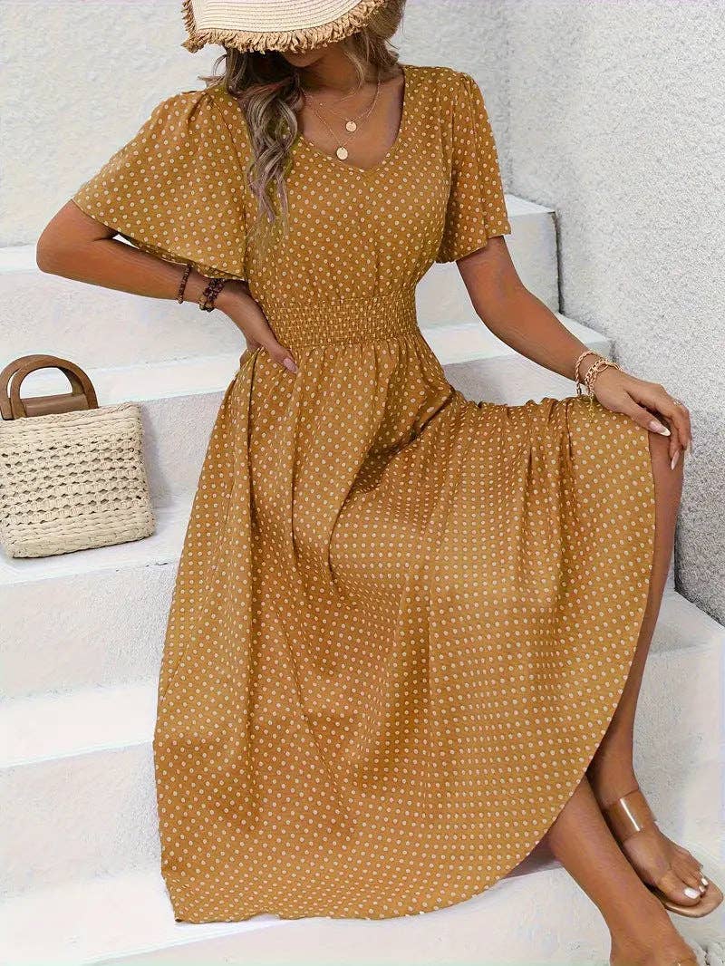 Women's Summer Casual V-Neck Polka Dot Print Waist Dress: Pink / XL