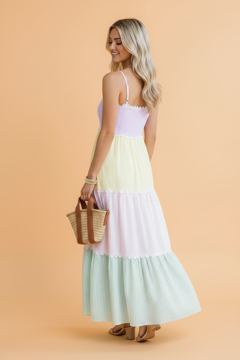 Stripe Colorblock Scallop Ricrac Trim Maxi Dress