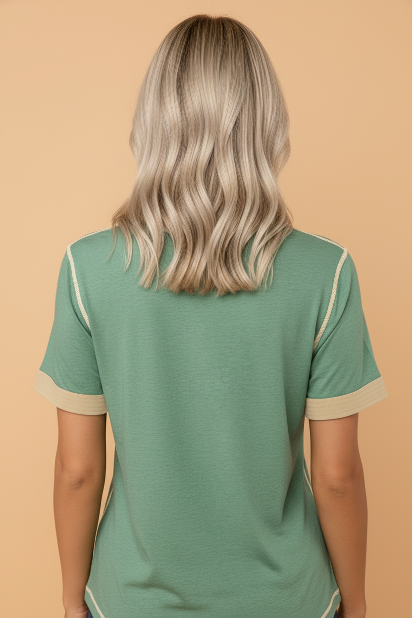 Colorblock Raw Seam Buttoned Henley Tee
