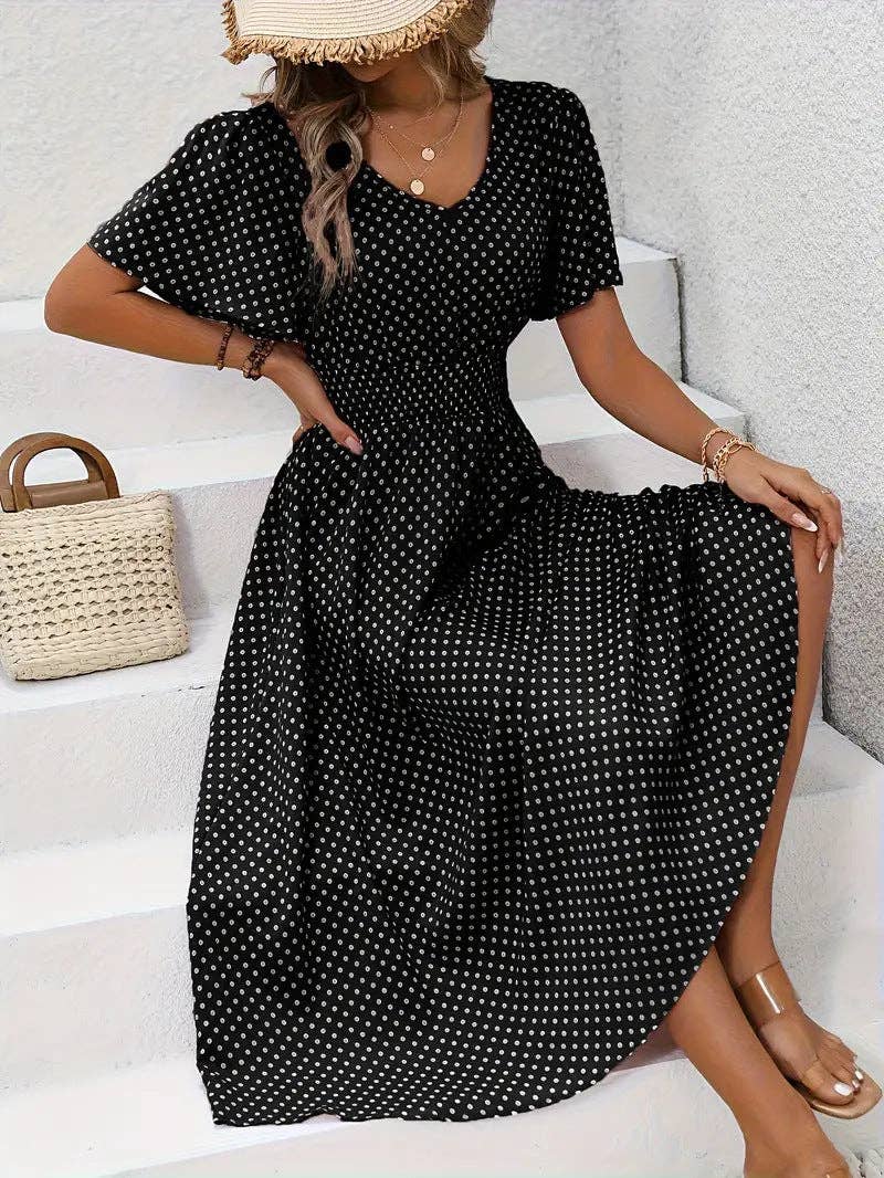 Women's Summer Casual V-Neck Polka Dot Print Waist Dress: Pink / S