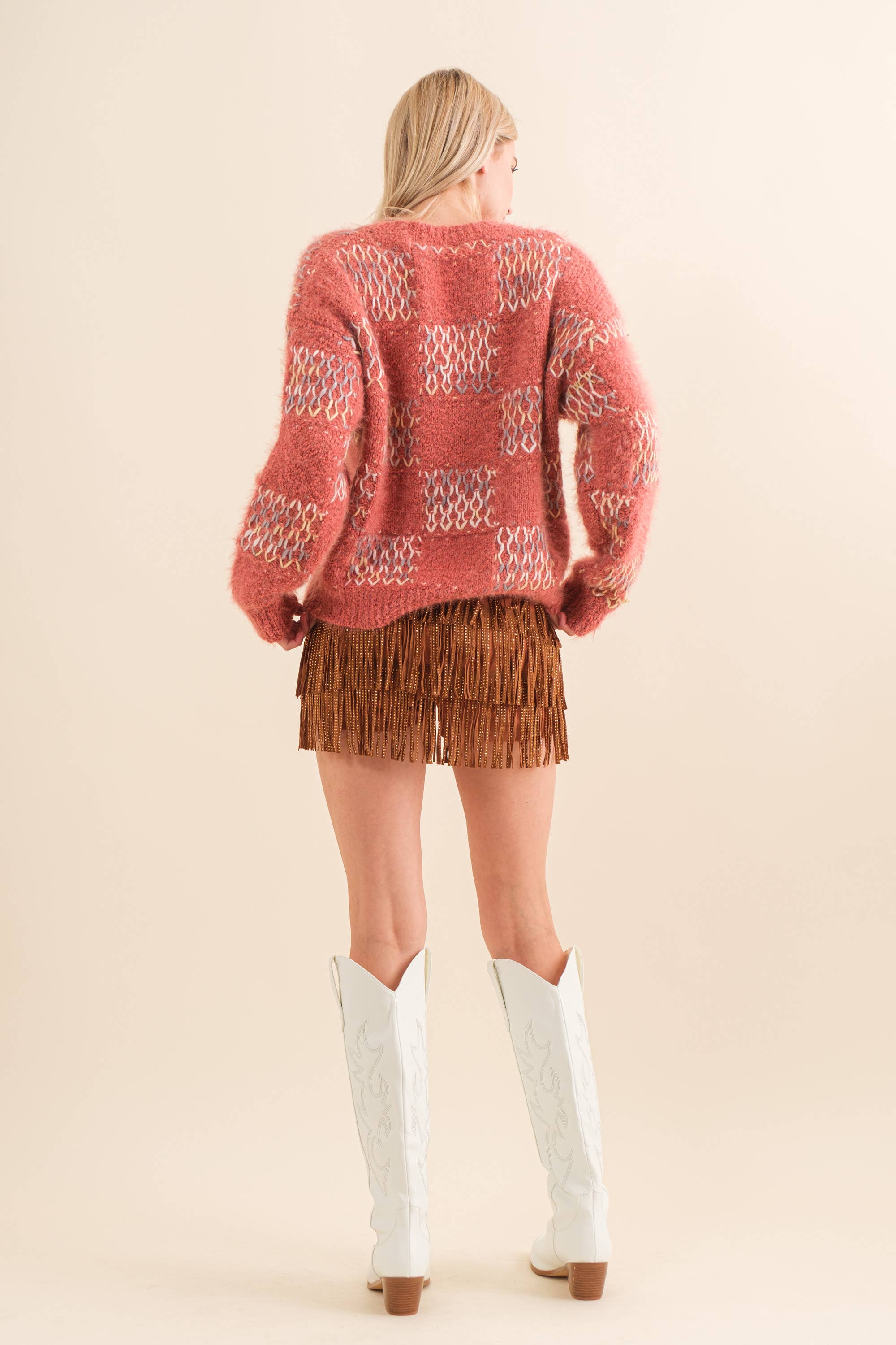 32933P - Wide Faux Leather Waist Tiered Fringe Studded Short: HOT PINK / S