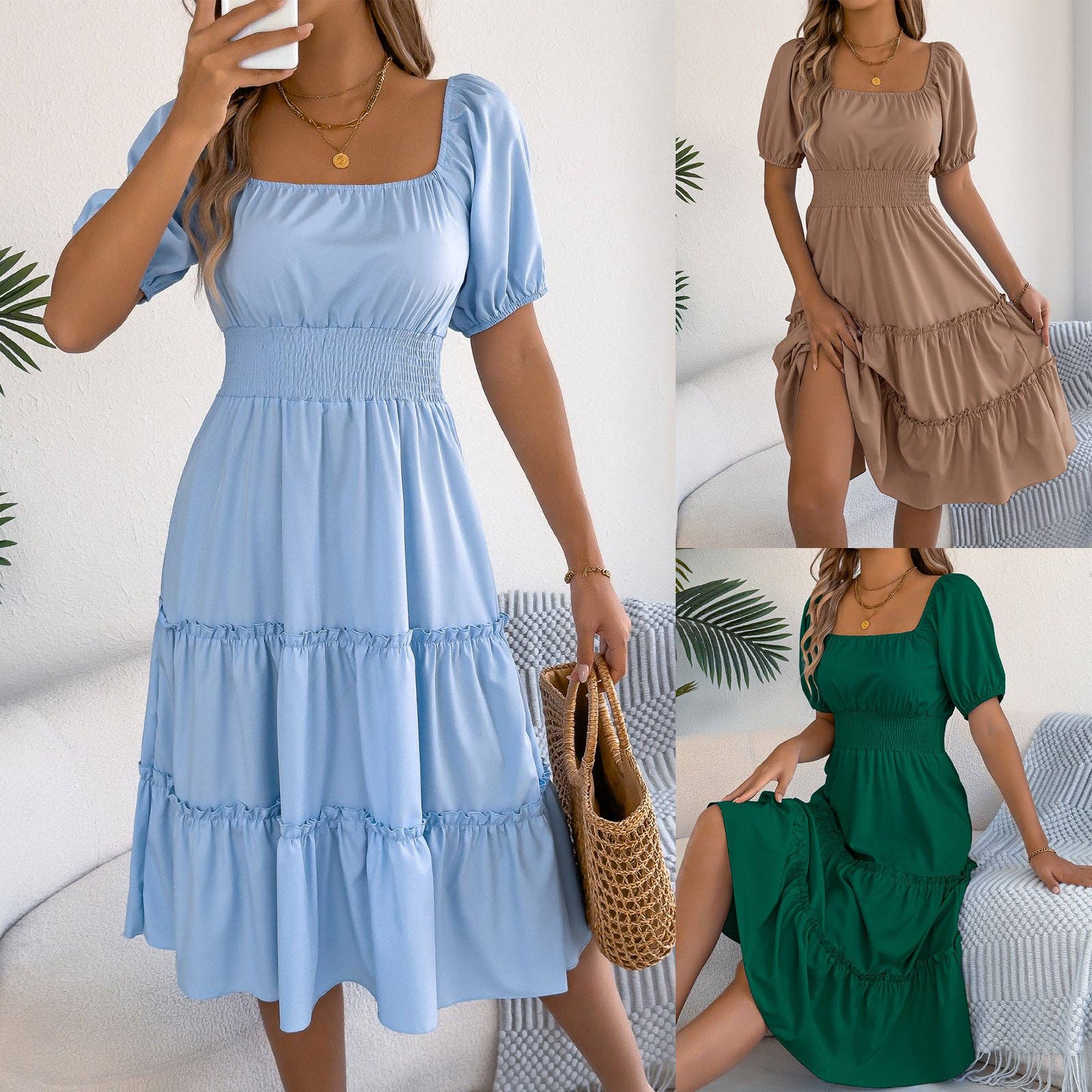 Spring Summer Solid Square Neck Short Sleeve Ruffle Dress: Khaki / XL