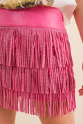 32933P - Wide Faux Leather Waist Tiered Fringe Studded Short: HOT PINK / S