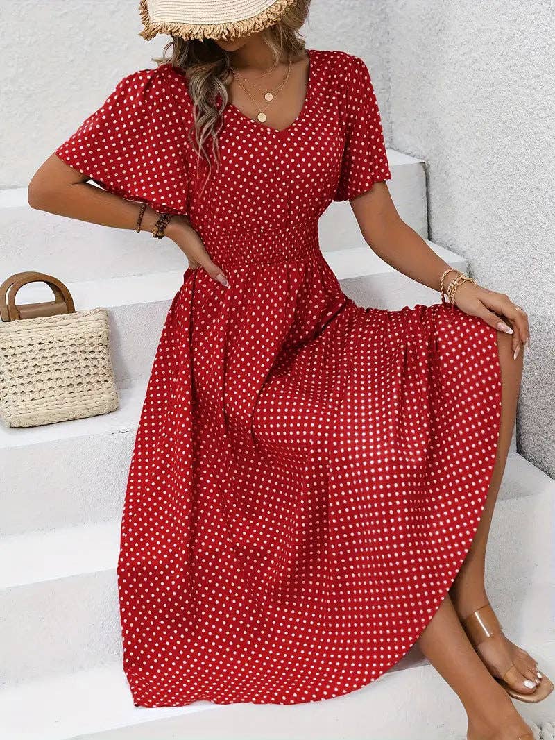Women's Summer Casual V-Neck Polka Dot Print Waist Dress: Pink / L