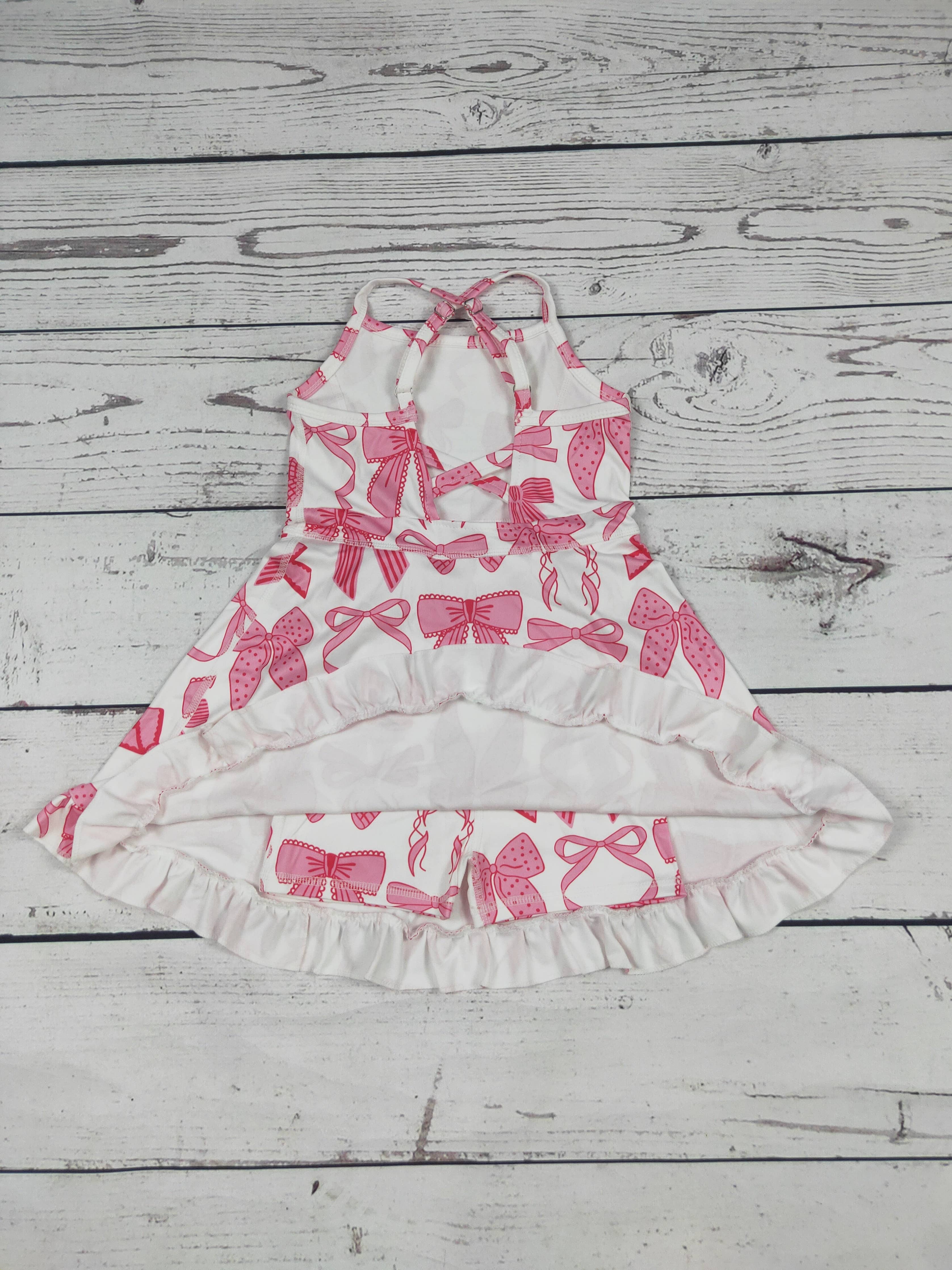 Pink Bow Print Girls Athletic Dresses: 7-8T