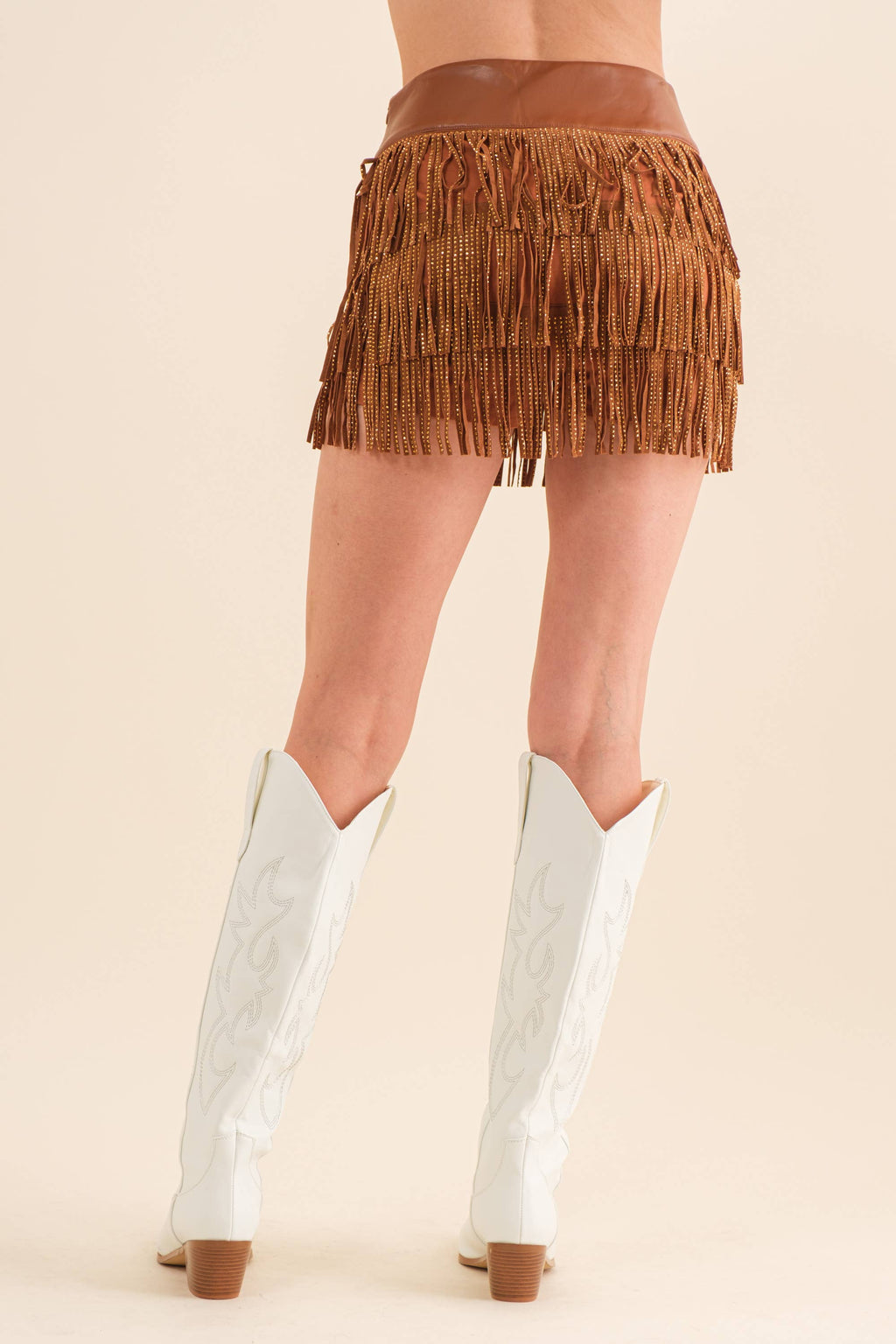 32933P - Wide Faux Leather Waist Tiered Fringe Studded Short: HOT PINK / S