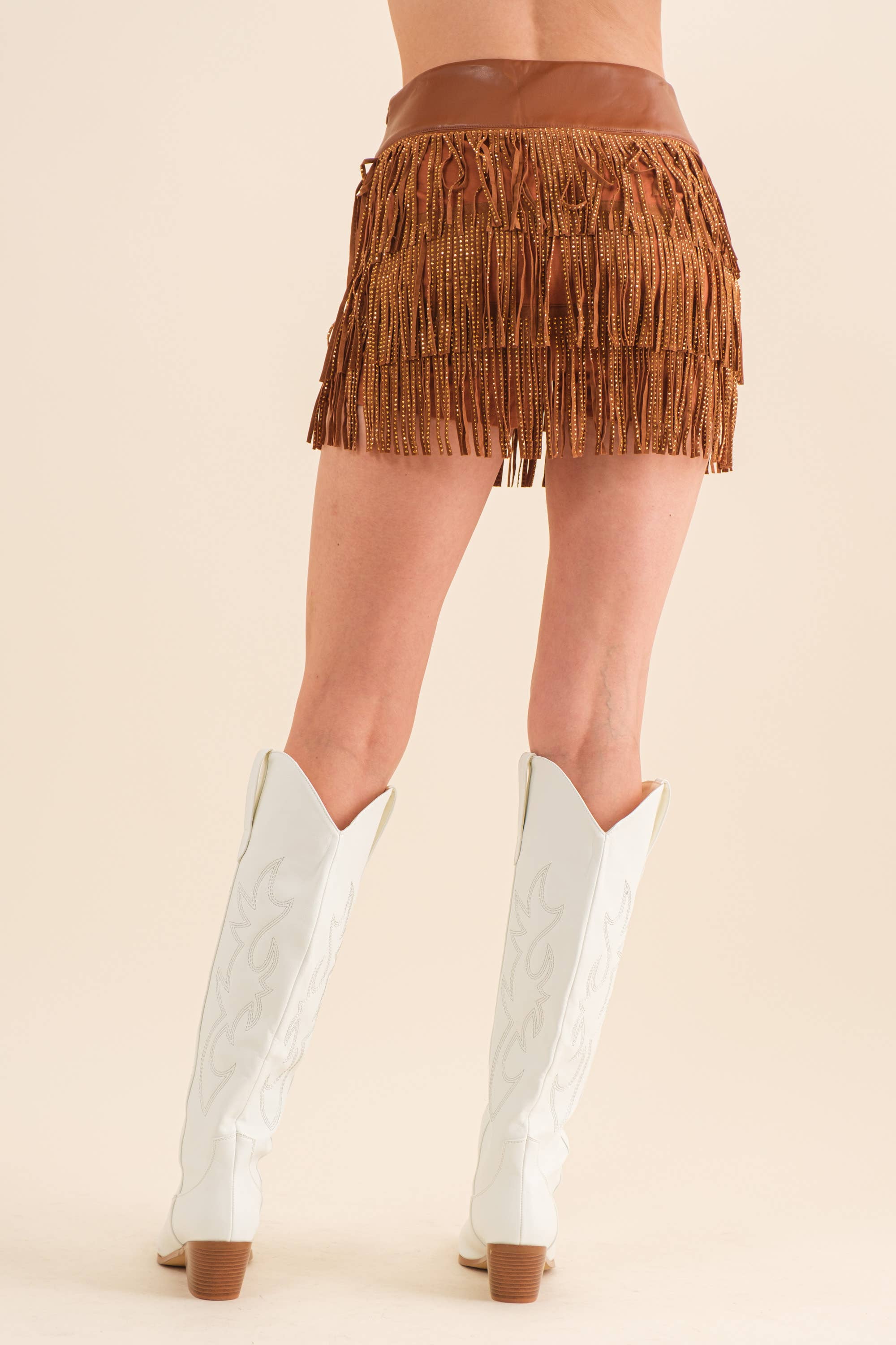 32933P - Wide Faux Leather Waist Tiered Fringe Studded Short: HOT PINK / S