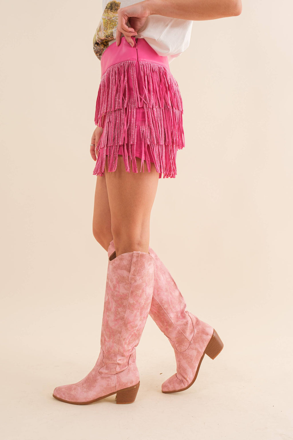 32933P - Wide Faux Leather Waist Tiered Fringe Studded Short: HOT PINK / L
