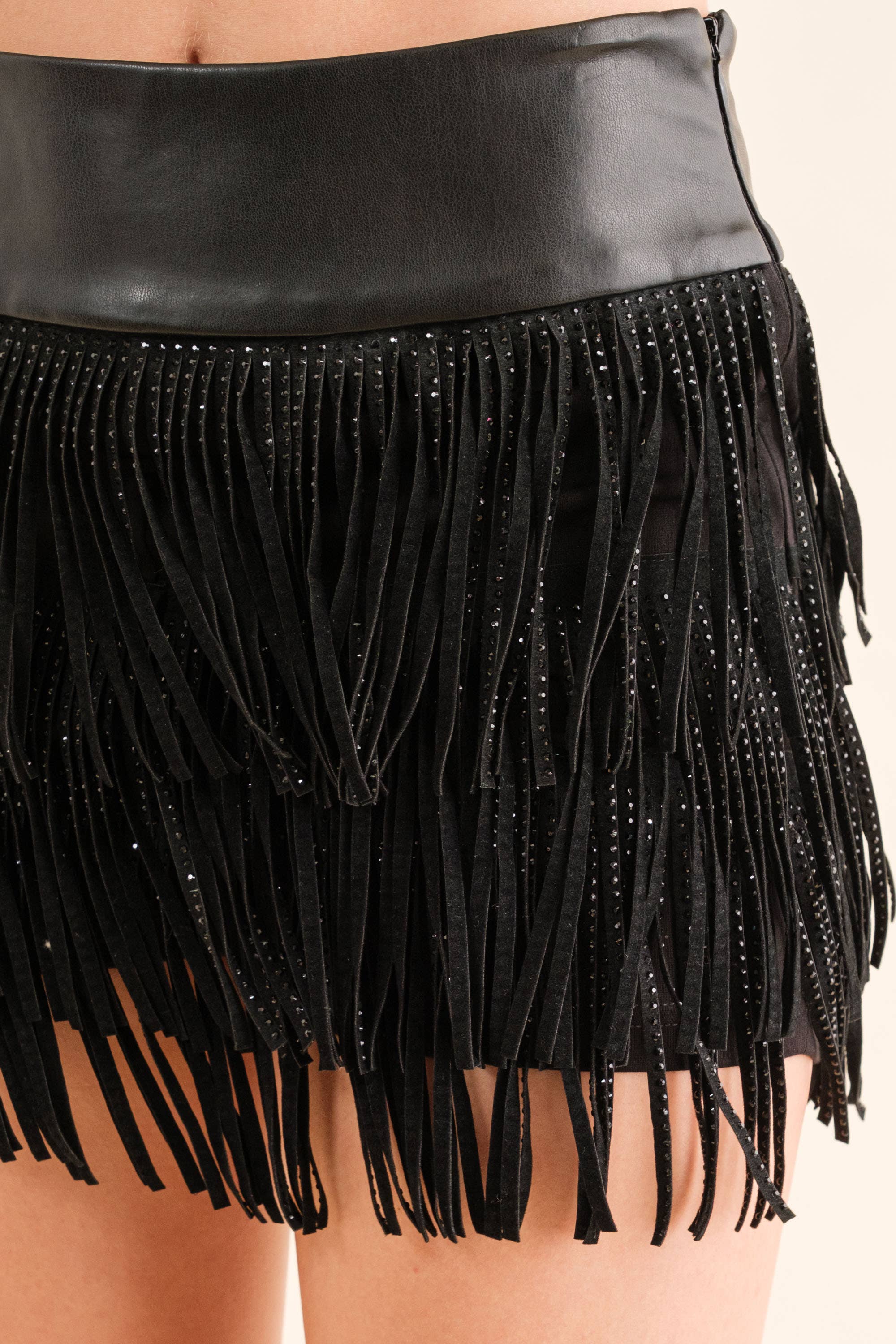 32933P - Wide Faux Leather Waist Tiered Fringe Studded Short: HOT PINK / M